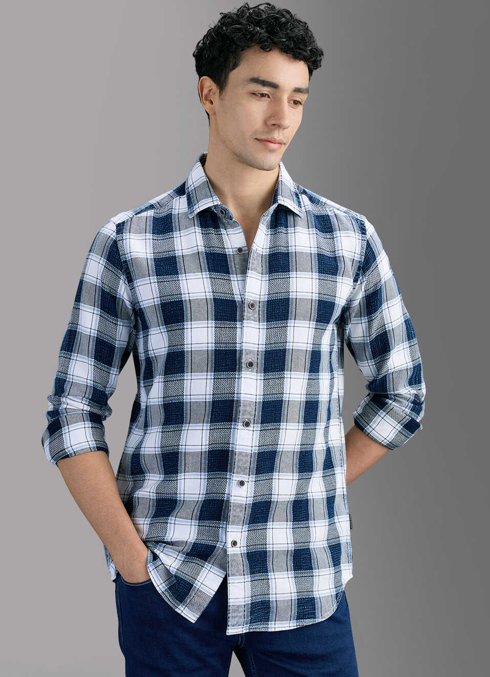 Men Navy Checked Shirt, , large image number 5