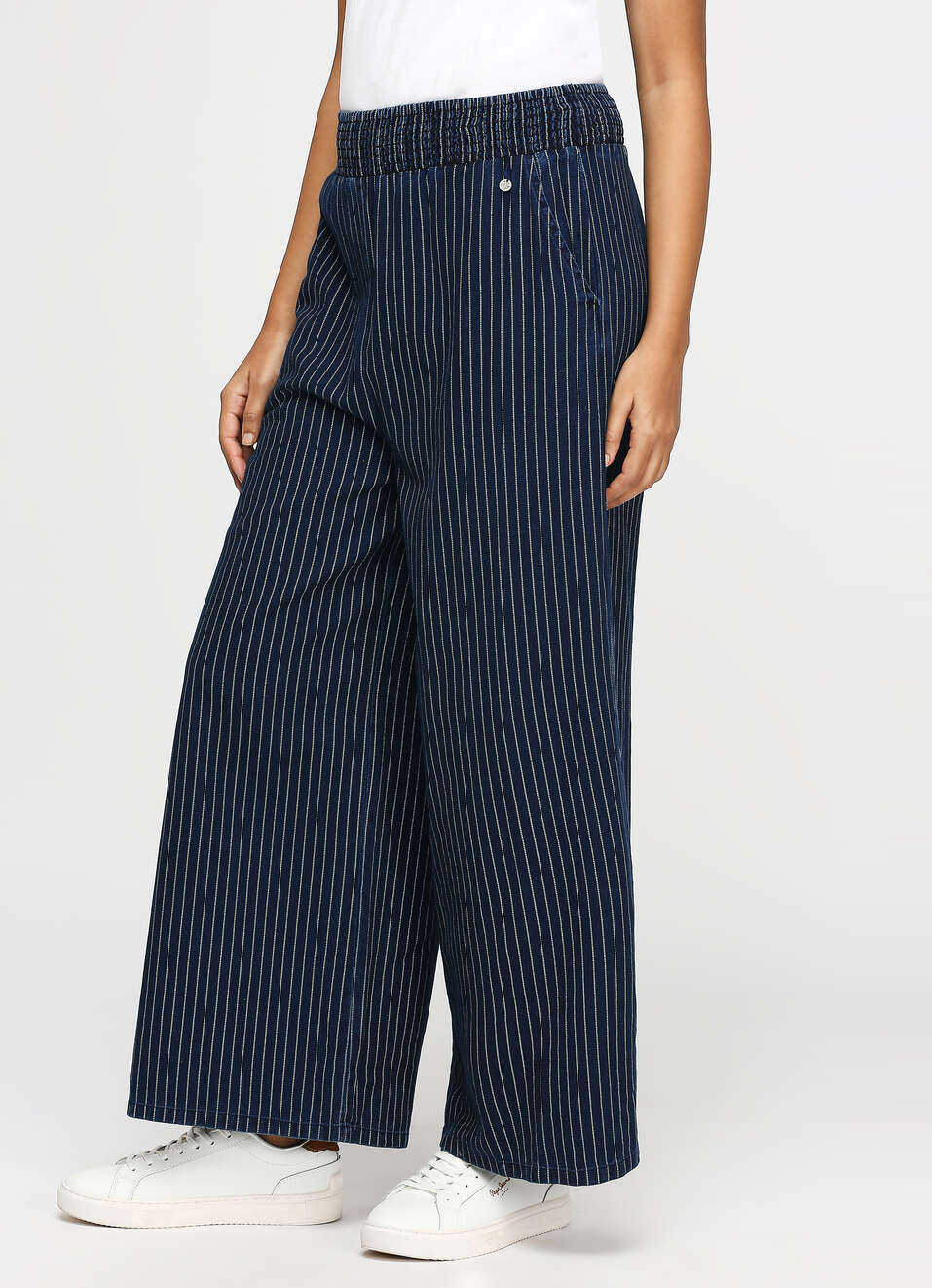 Dark Blue Striped High Waist Wide Leg Pants, , large image number 3