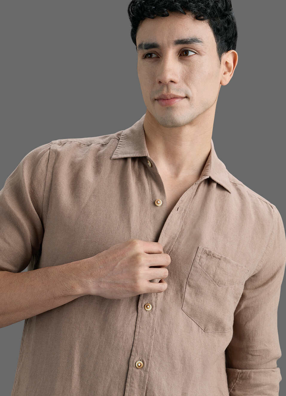 Men Brown Solid Pure Linen Long Sleeve Shirt, , large image number 4
