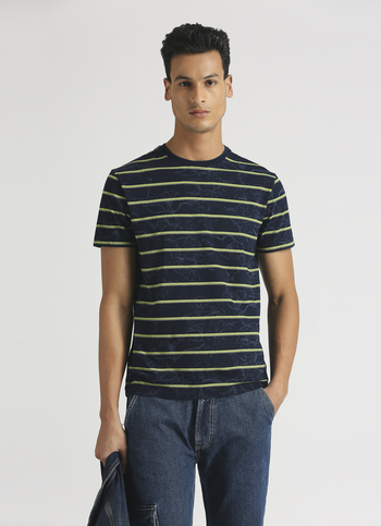 Indigo Tropical Print Stripe Short Sleeve T-shirt