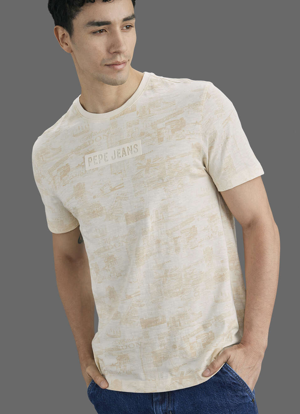 Men Ivory Printed Slim Fit Short Sleeve T-shirt, , large image number 0