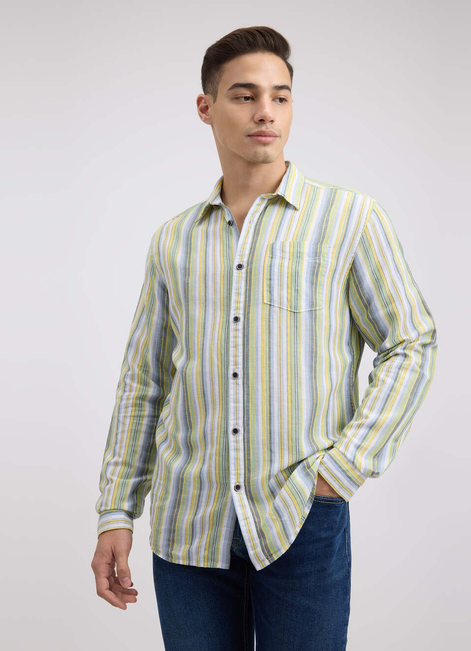 Men Green Stripe Full Sleeve Shirt, , large image number 1