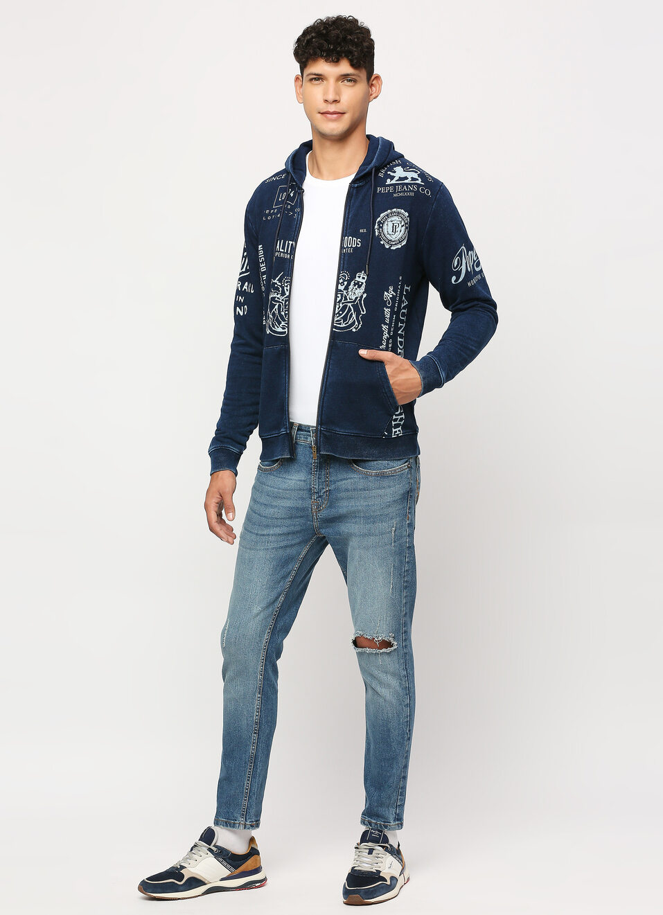 Indigo Zip Thru Printed Hooded Sweatshirt, , large image number 5