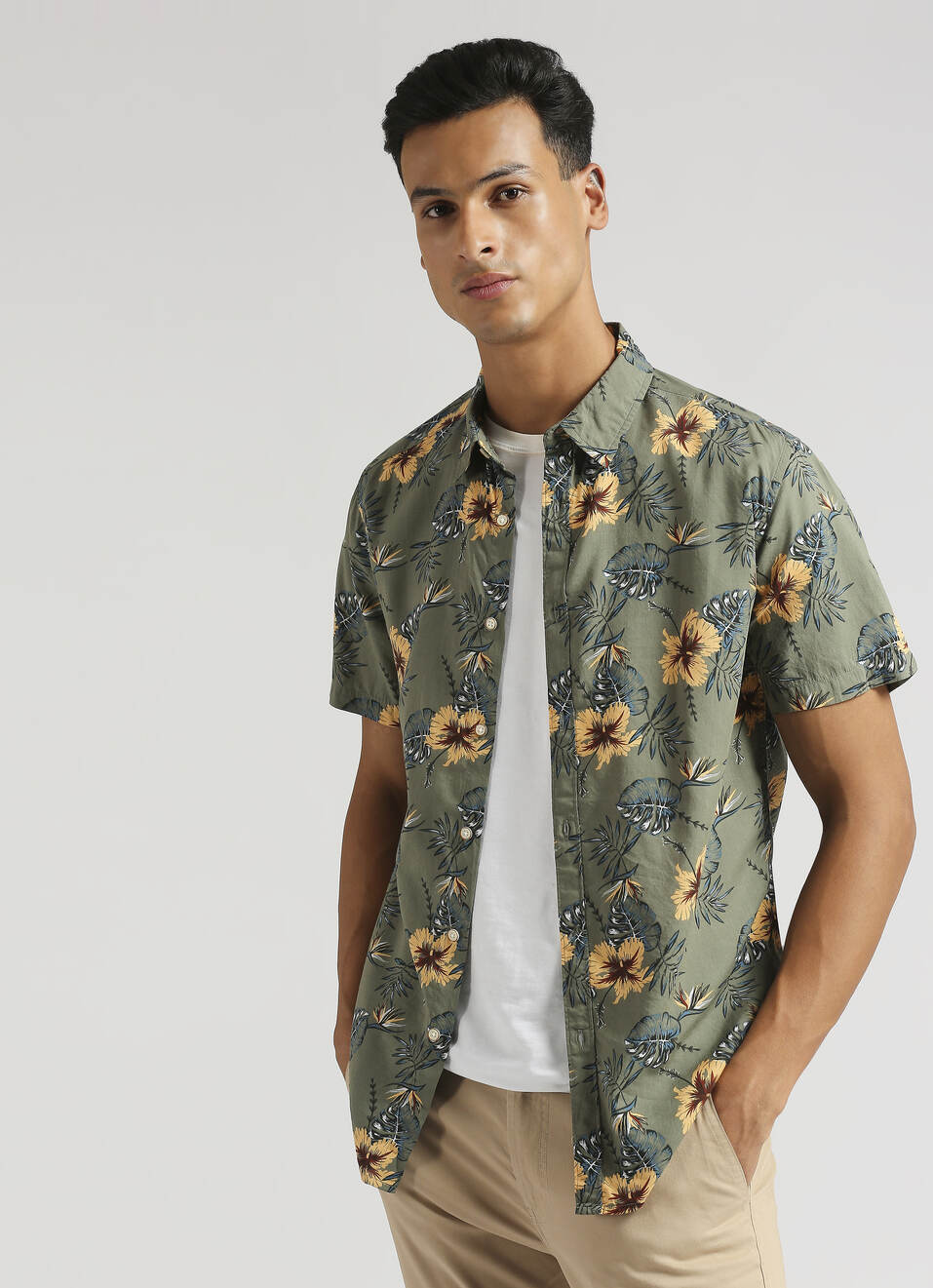 Olive Floral Print Short Sleeve Shirt, , large image number 0