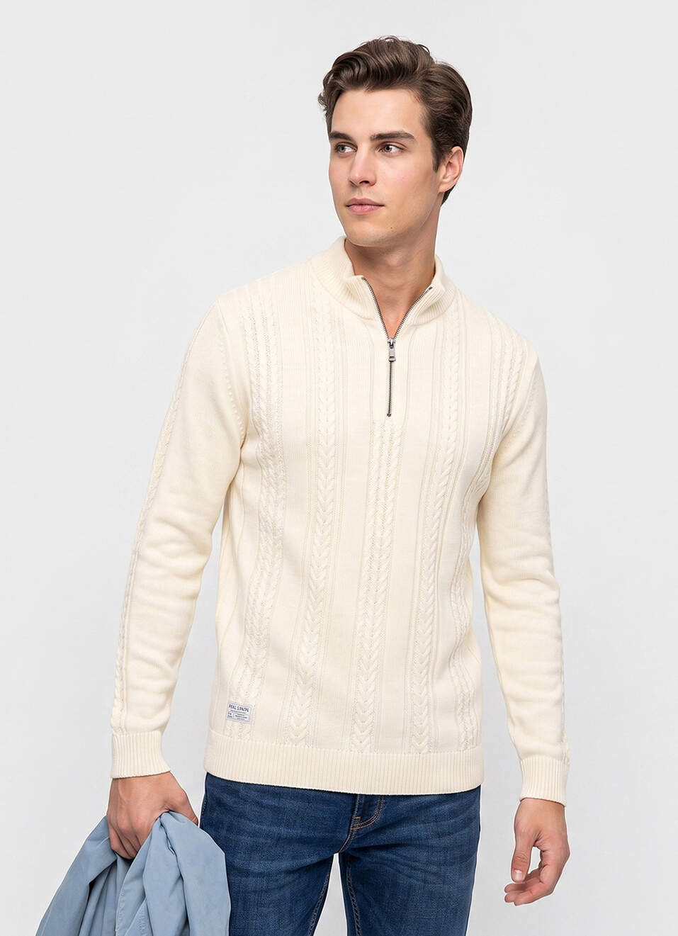 Men Off White Embroidered Full Sleeve Flat Knit Sweater, , large image number 0