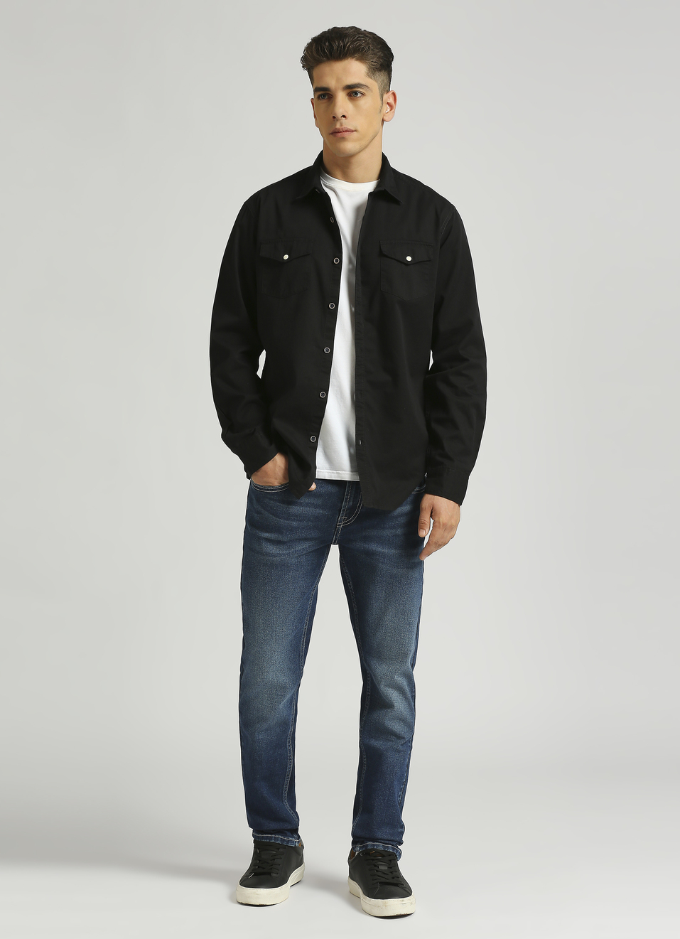 Black Solid Double Pocket Long Sleeve Shirt, , large image number 3