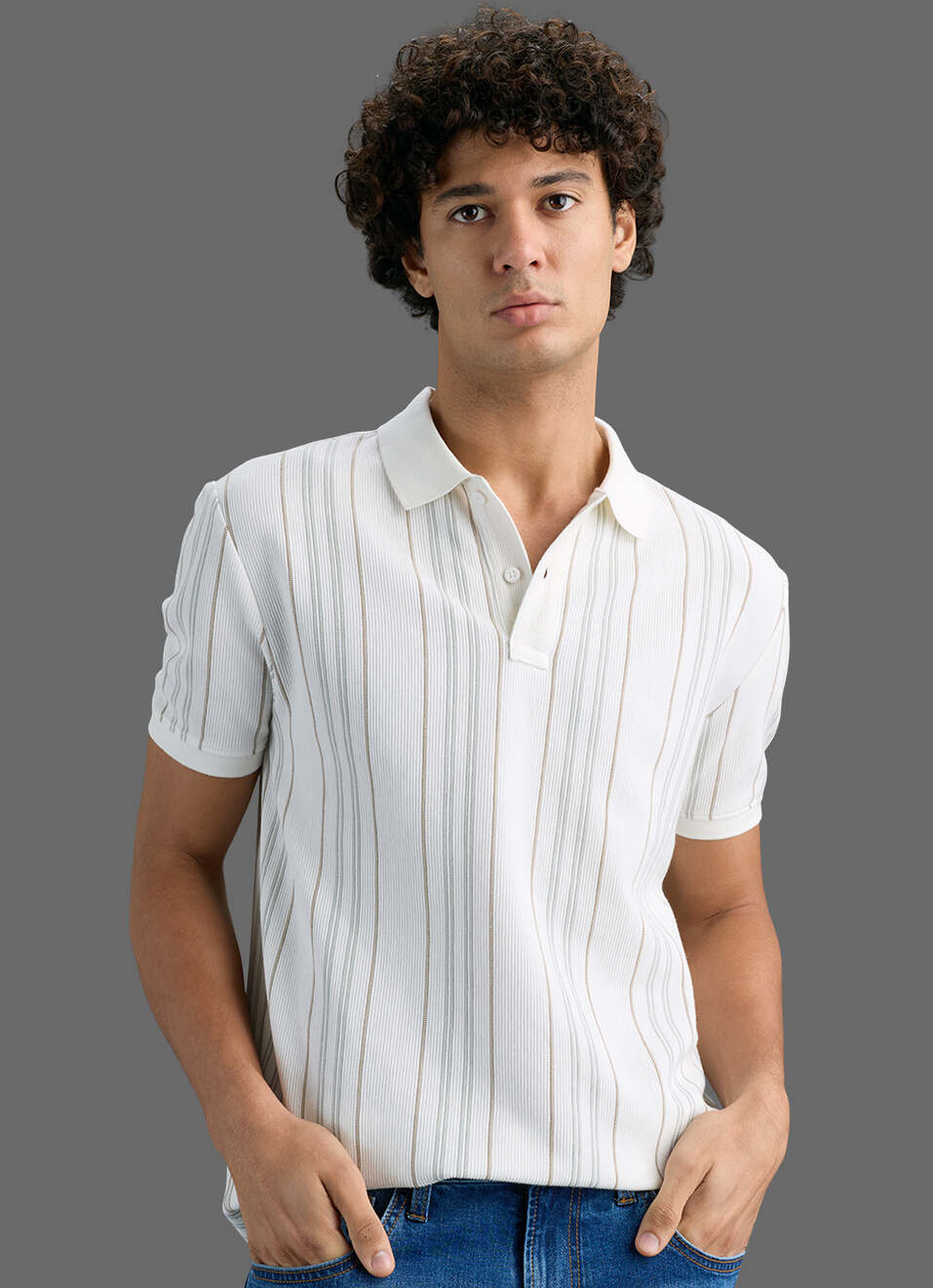 Men White Striped Polo T-shirt, , large image number 5