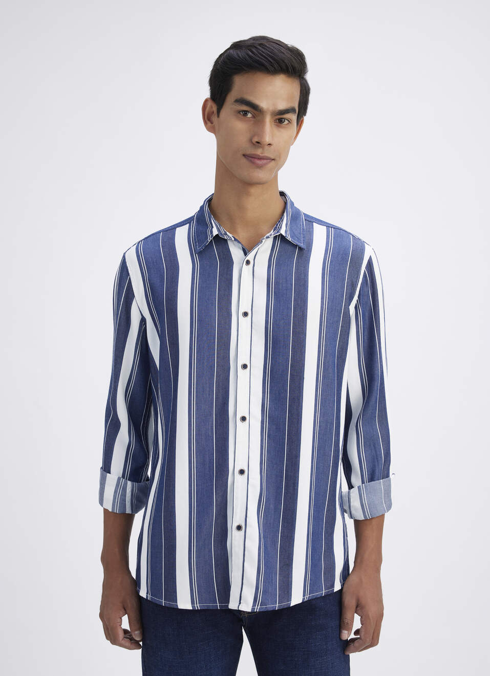 Men Navy & White Bold Striped Cotton Shirt, , large image number 1