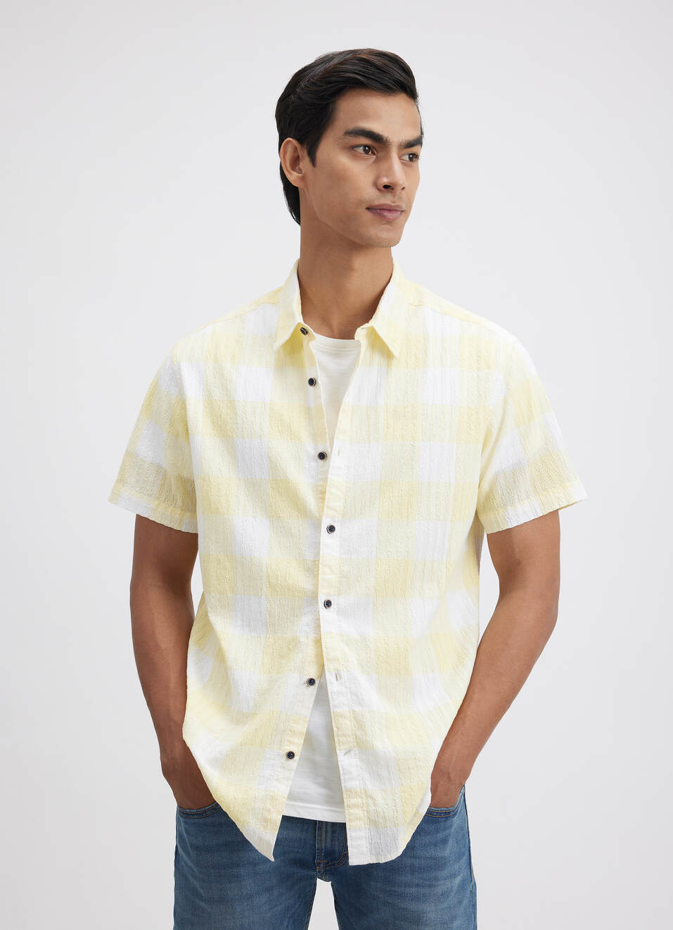 Men Yellow Check Short Sleeve Shirt, , large image number 1