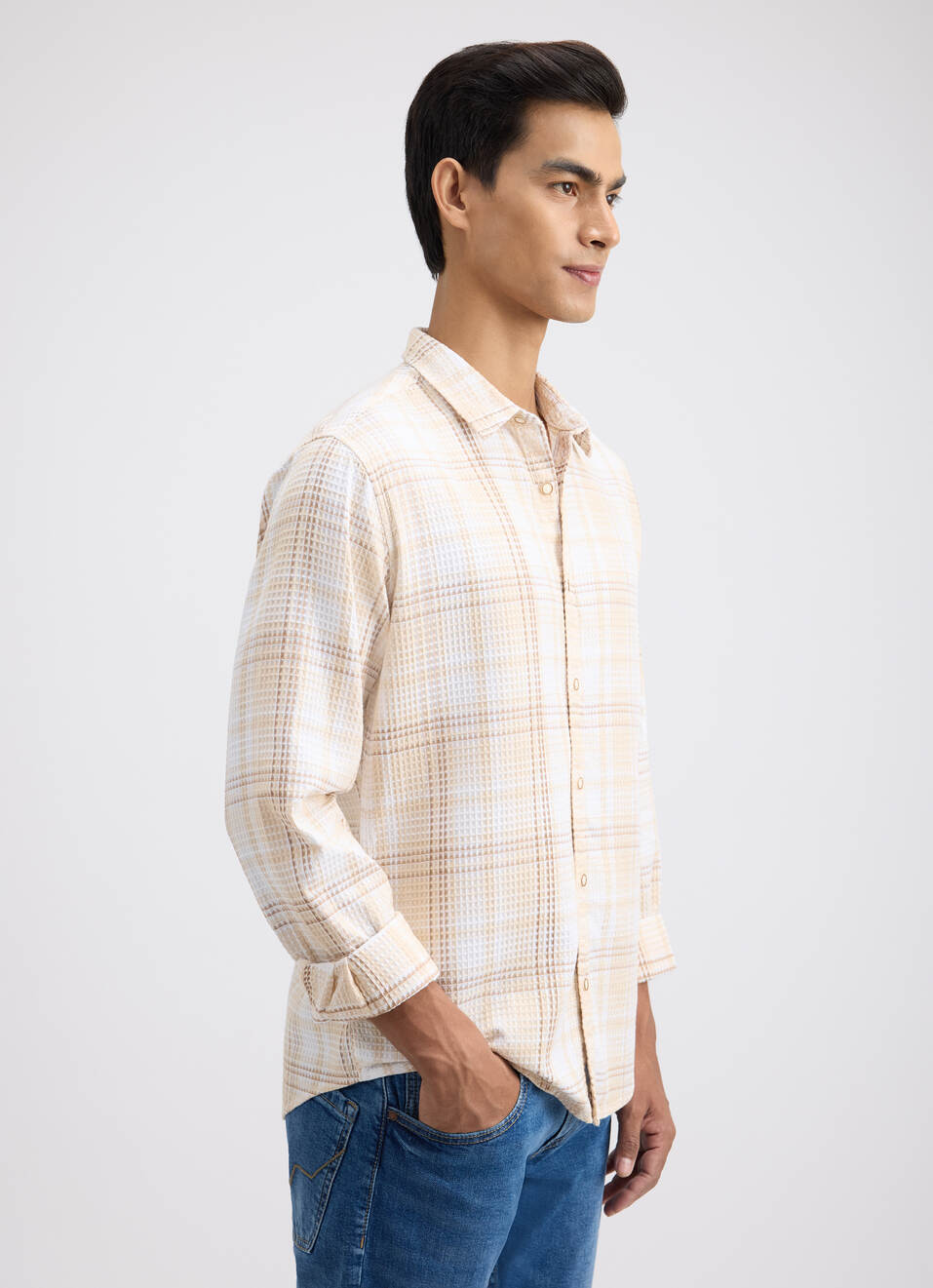 Men Beige Check Full Sleeve Shirt, , large image number 3