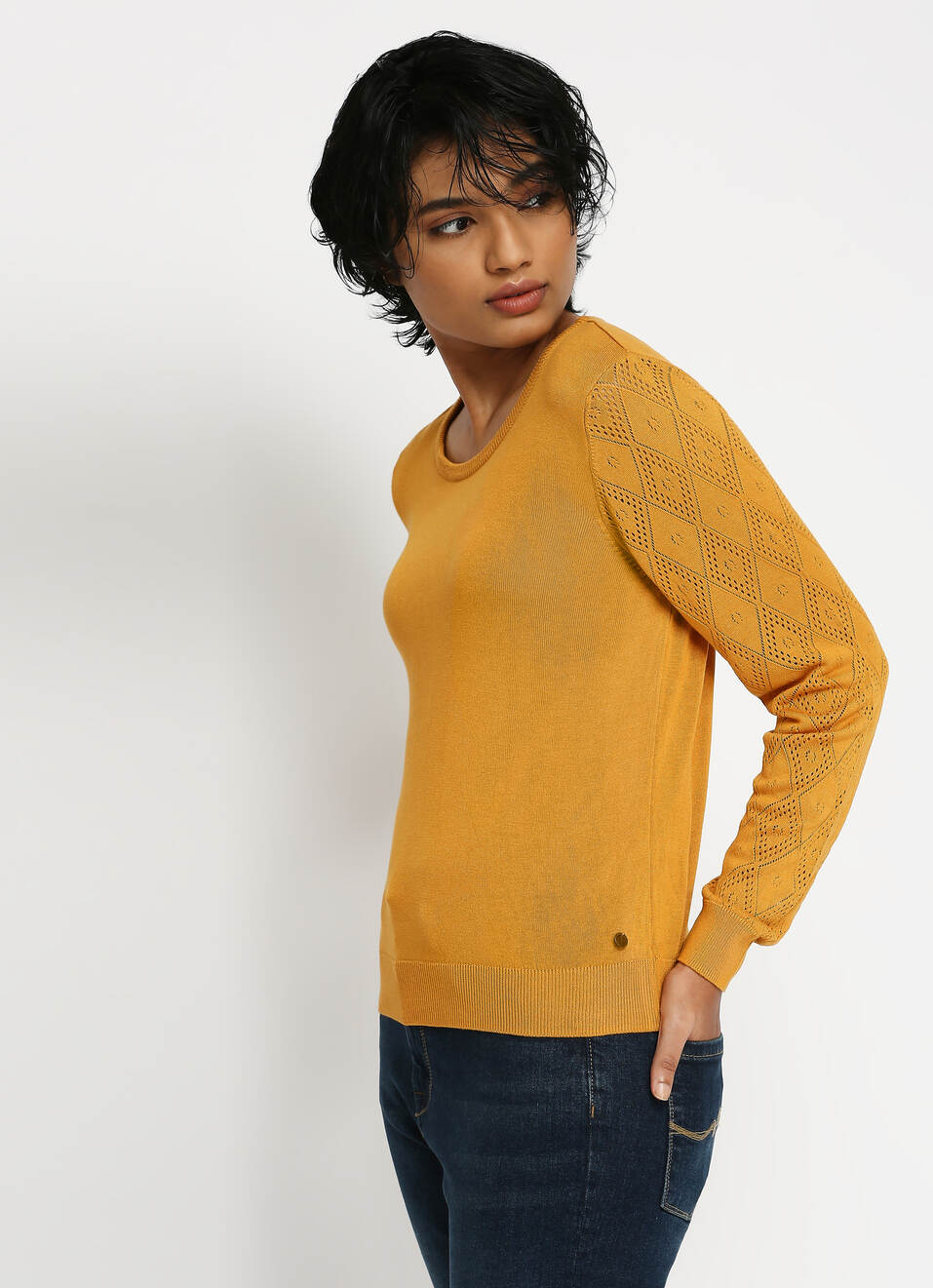 Yellow Round Neck Full Sleeve Sweater, , large image number 0