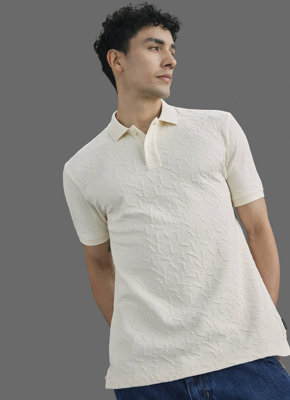 Men Ivory Jacquard Polo Collar T-shirt, , large image number 5