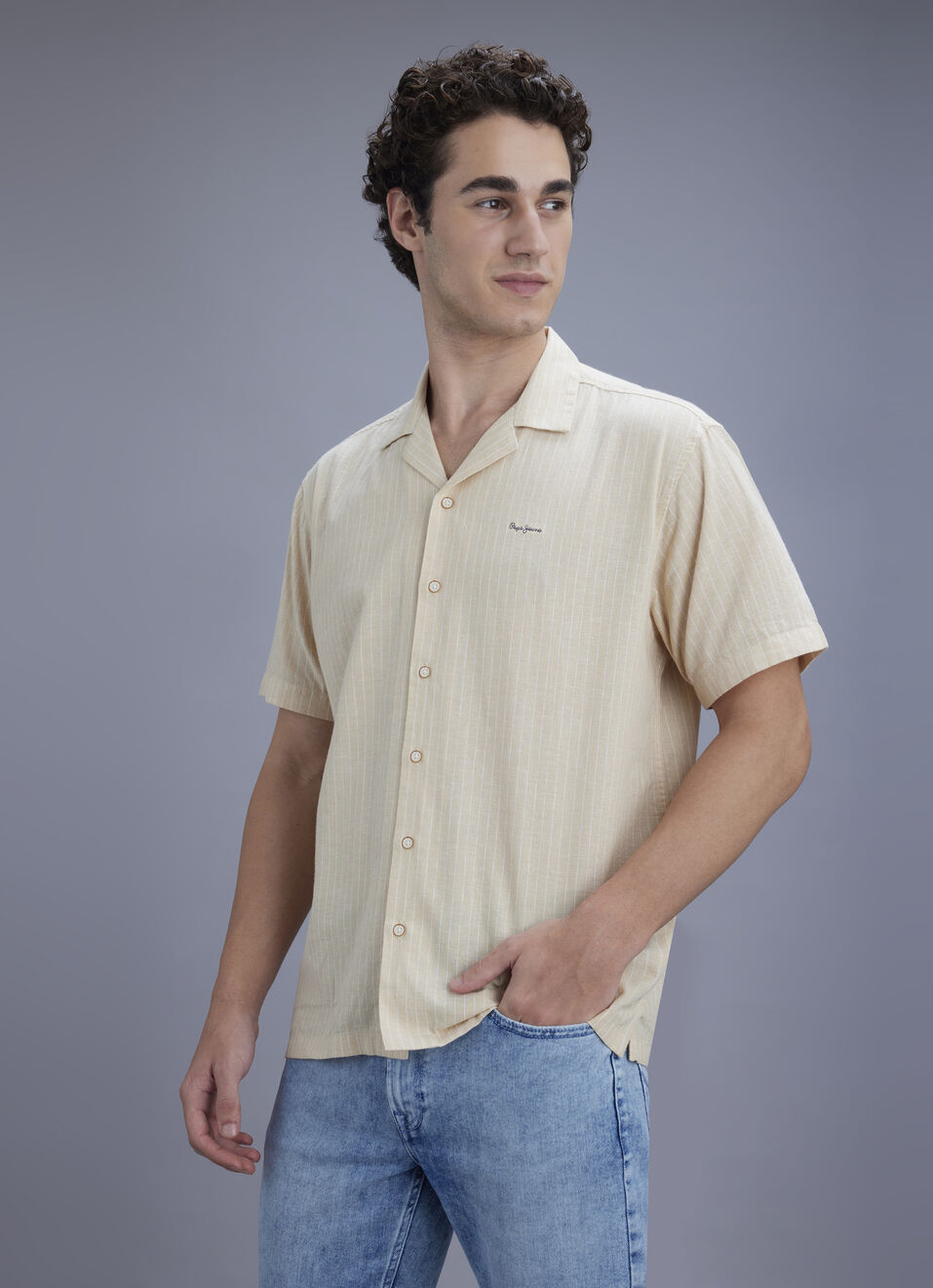 Men Beige Striped Resort Collar Shirt, , large image number 7