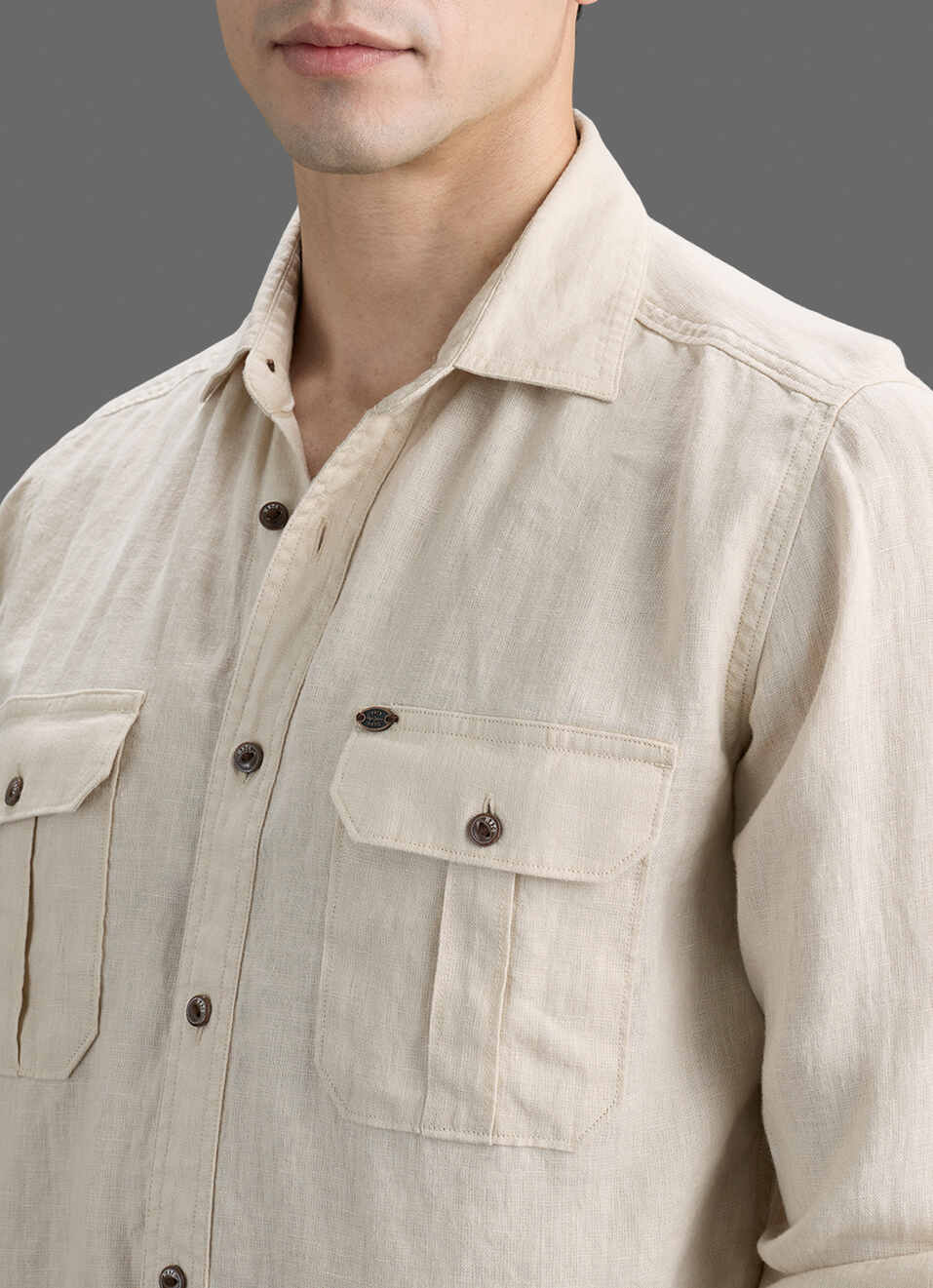 Men Beige Solid Pure Linen Safari Long Sleeve Shirt, , large image number 1
