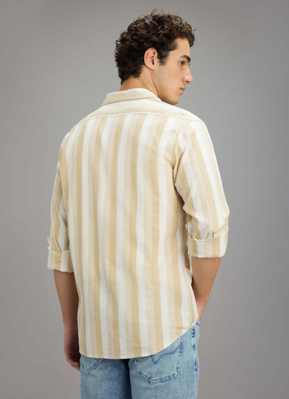 Men Beige Striped Shirt, , large image number 6