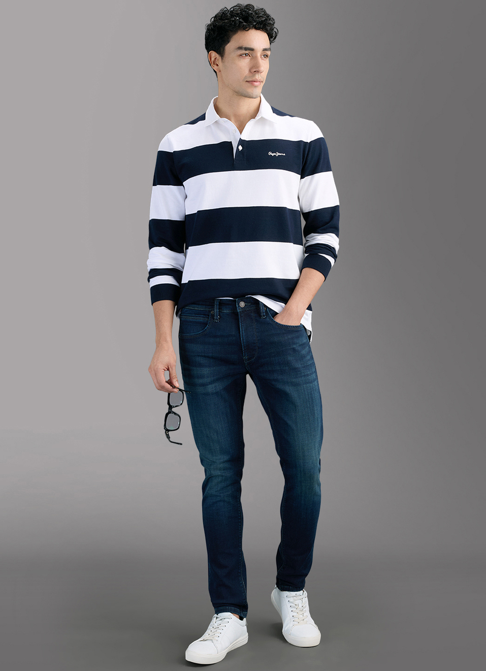 Men Navy Rugby Striped Polo T-shirt, , large image number 2