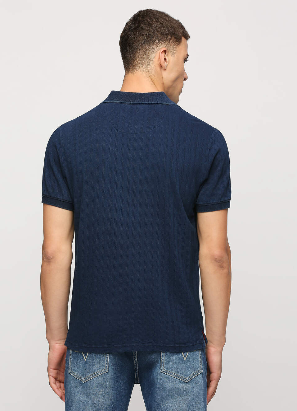 Blue Ribbed Neck Short Sleeve Polo, , large image number 2