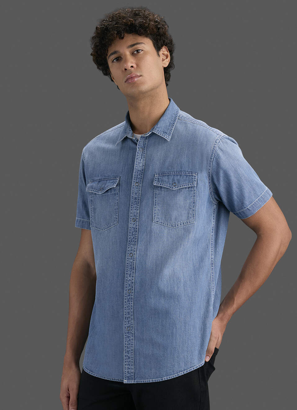 Men Blue Short Sleeve Denim Shirt, , large image number 6