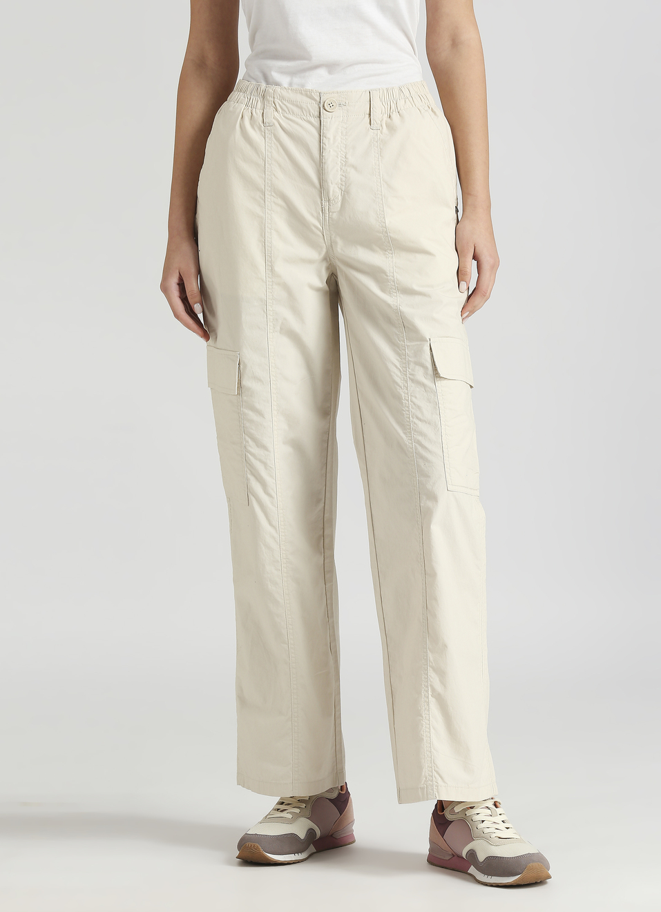 Ecru Mid Rise Parachute Cargo Pants , , large image number 1