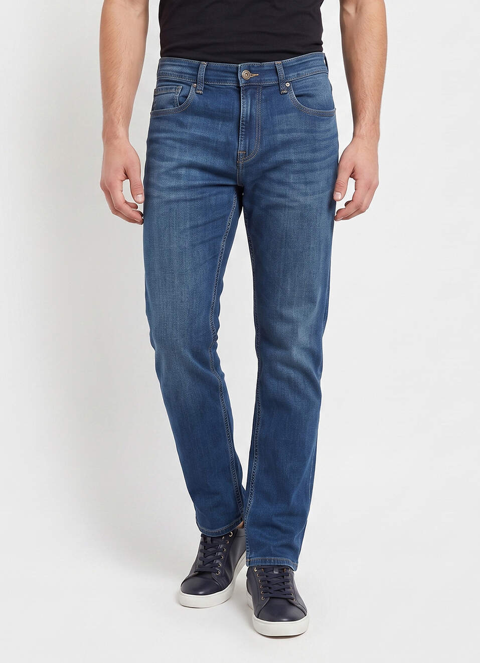 Men Blue Straight Fit Mid Rise Stretchable Jeans, , large image number 2