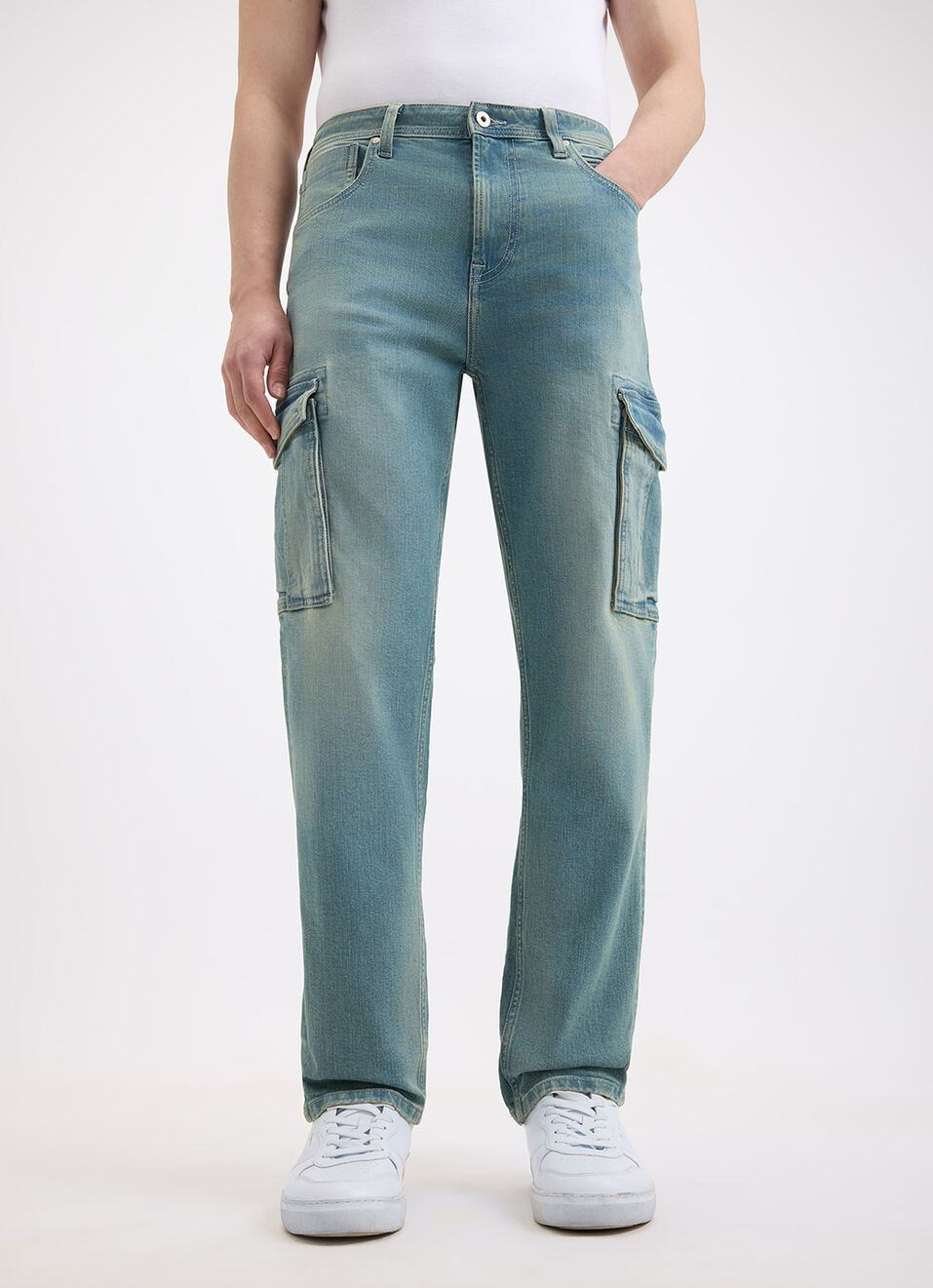 Men Blue Straight Fit Mid Rise Cargo Jeans, , large image number 2