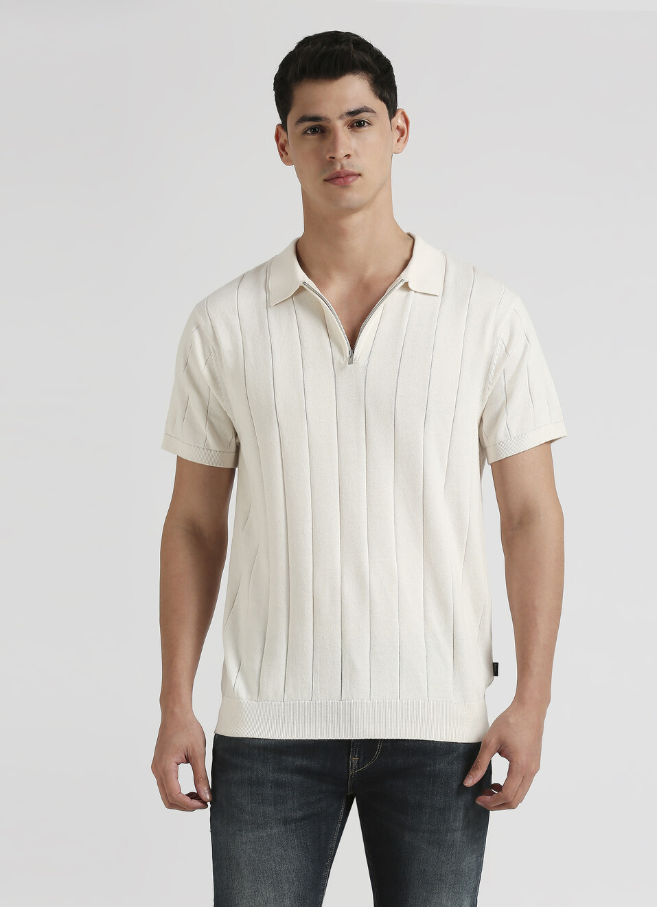 Off White Self Structured Striper Short Sleeve Polo , , large image number 1