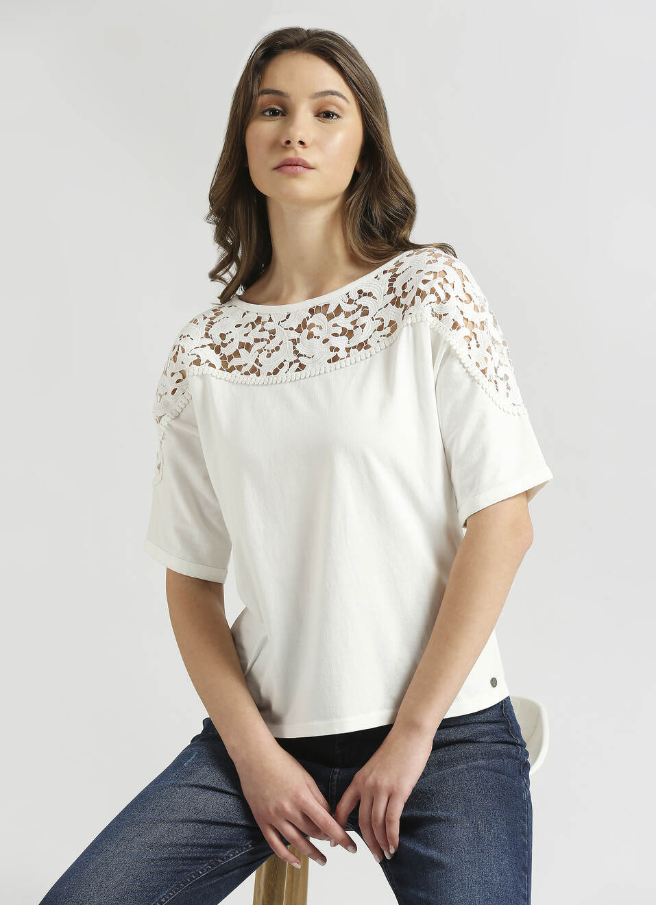 White Lace Detail Extended Shoulder Top, , large image number 0