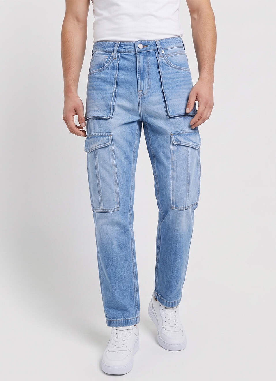 Men Blue Straight Fit Mid Rise Cargo Jeans, , large image number 2