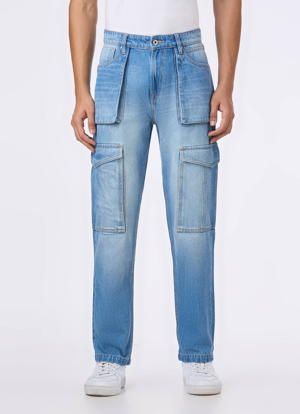 Men Light Blue Mid Rise Utility Cargo Jeans, , large image number 2