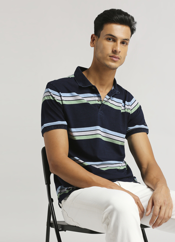 Yarn Dyed Stripes Indigo Short Sleeve Polo