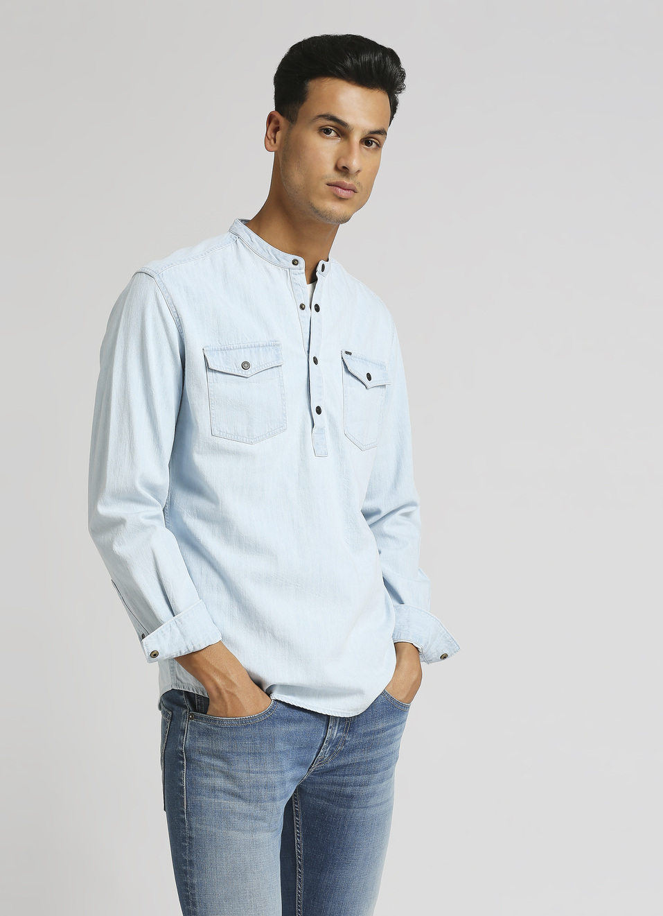 Ice Blue Mandarin Collar Kurta Placket Long Sleeve Shirt, , large image number 0