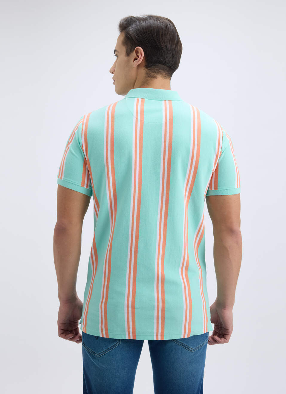 Men Green Vertical Stripe Short Sleeve Polo, , large image number 2