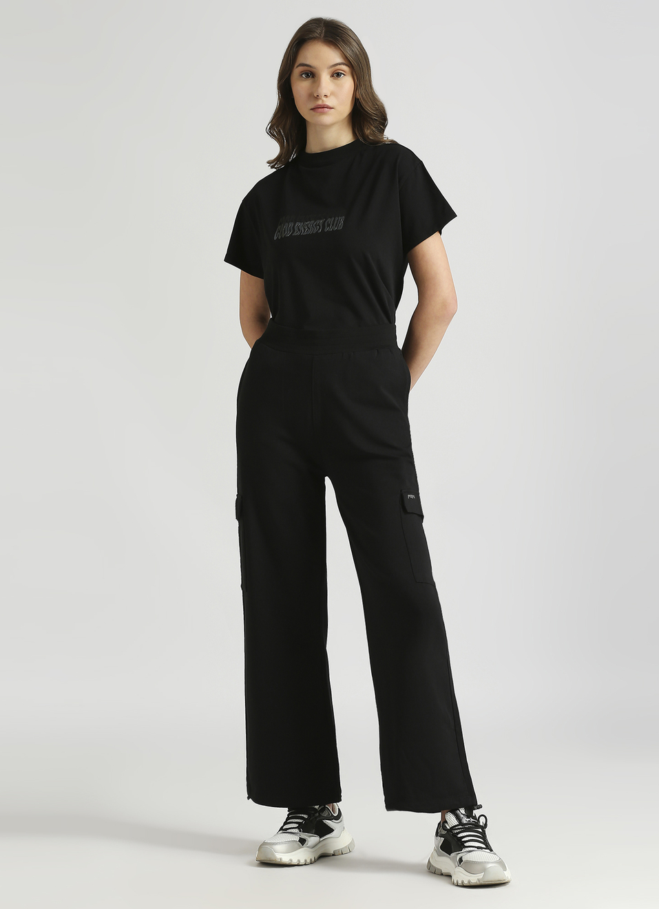 Black Reflective Print Wide Leg Joggers , , large image number 0