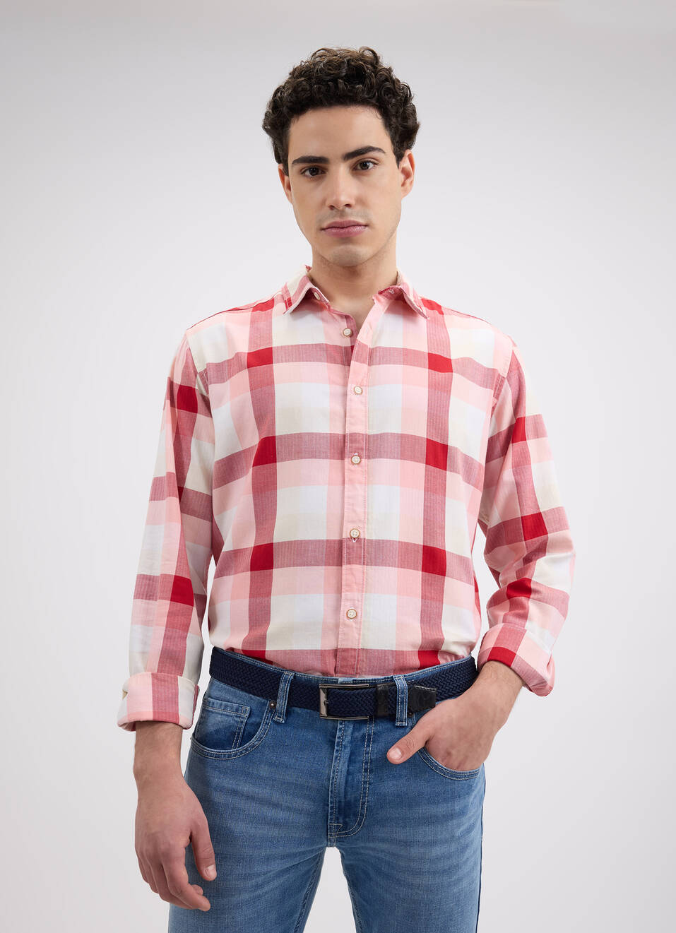 Men Peach Check Full Sleeve Shirt, , large image number 0