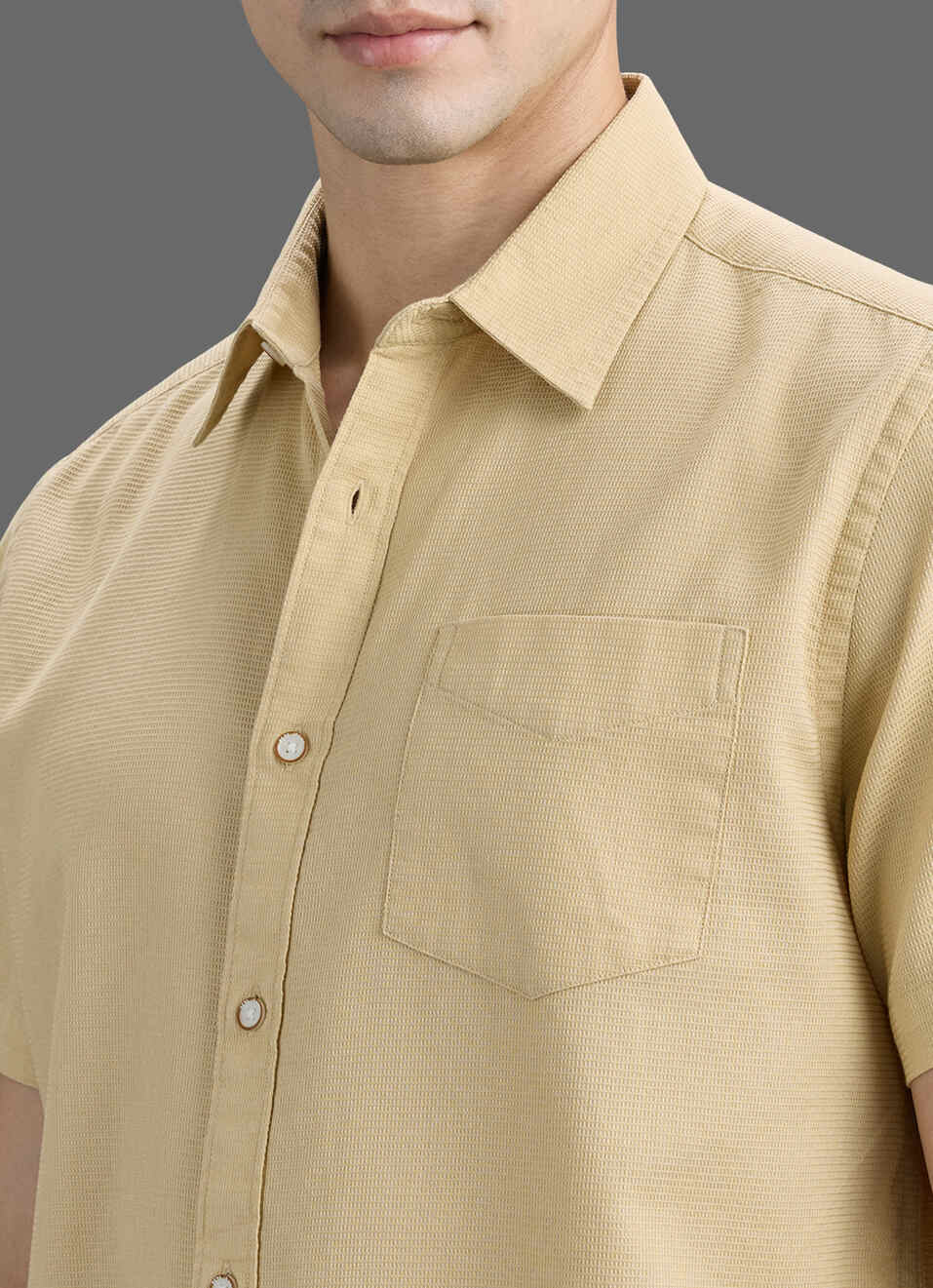Men Beige Solid Dobby Short Sleeve Shirt, , large image number 1