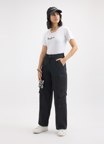 Women Black Straight Fit High Rise Cargo Jeans 