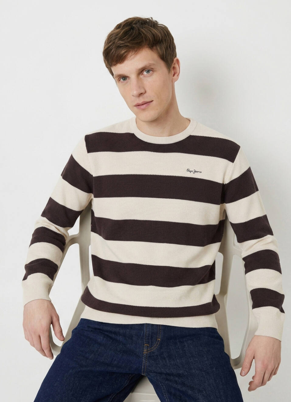 Men Brown Striped Full Sleeve Flat Knit Sweater, , large image number 0