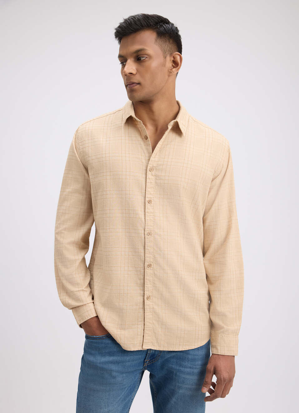 Men Beige Check Full Sleeve Shirt, , large image number 1