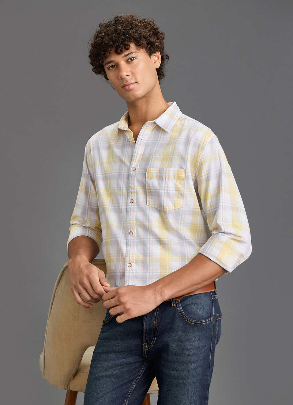 Men Yellow Checked Regular Fit Full Sleeve Casual Shirt, , large image number 0