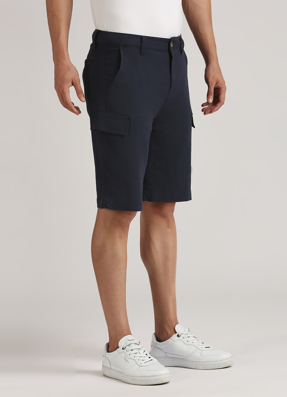 Navy Back Welt Pockets Linen Cargo Shorts, , large image number 0