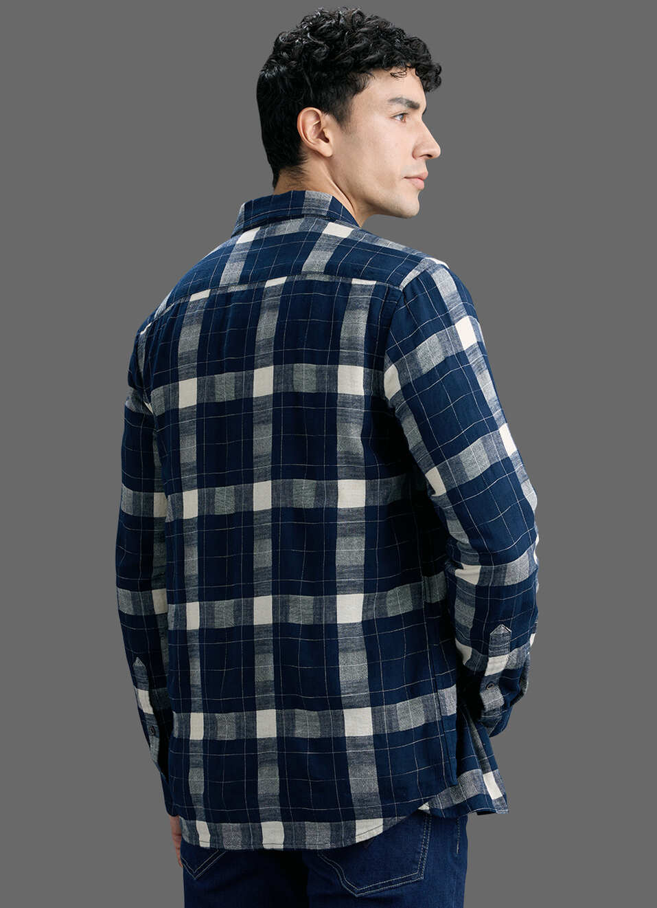 Men Navy Checked Dobby Long Sleeve Shirt, , large image number 6