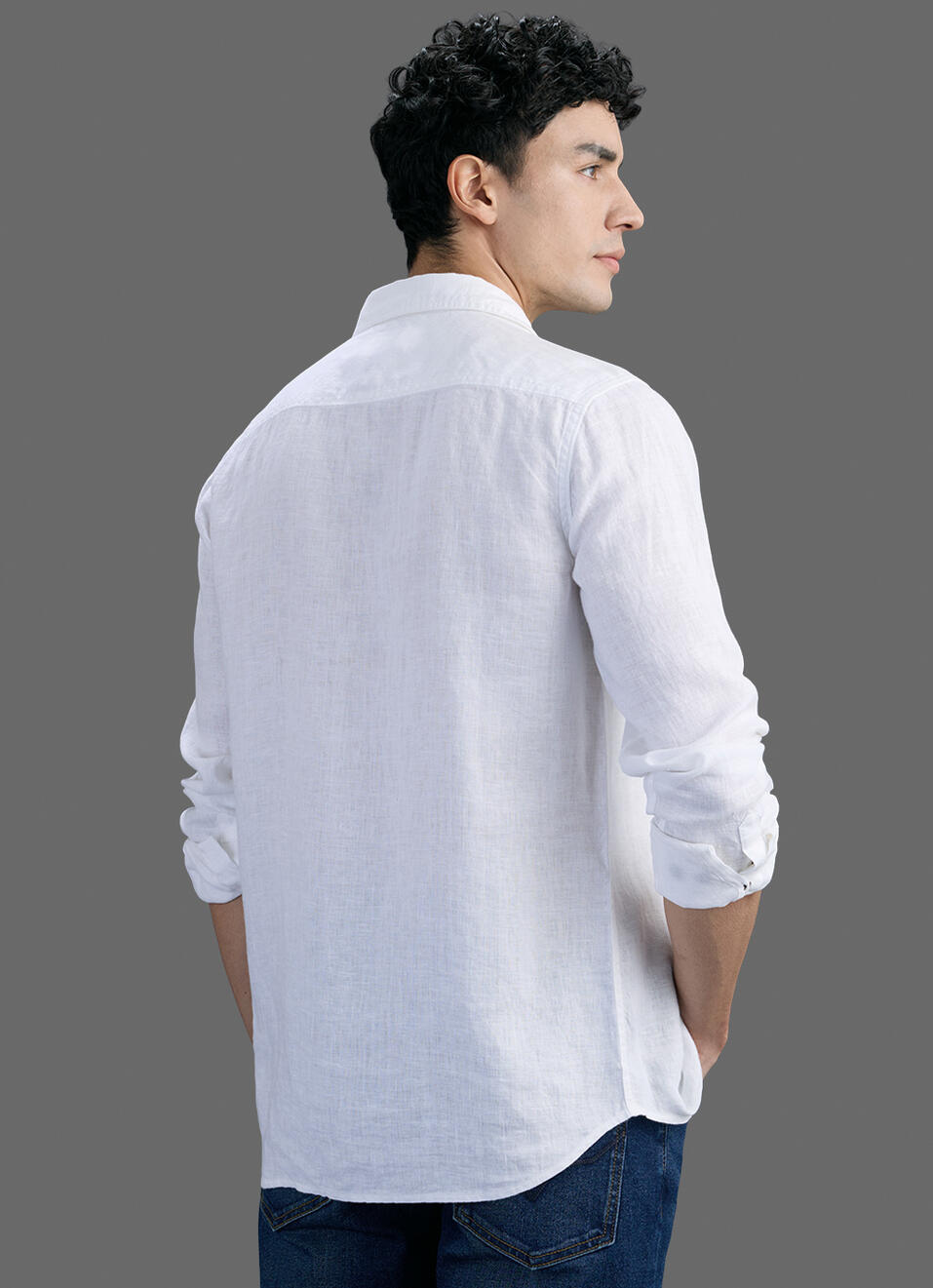 Men White Solid Pure Linen Safari Long Sleeve Shirt, , large image number 6