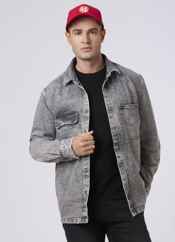 Men Grey Oversized Utility Pockets Denim Shirt