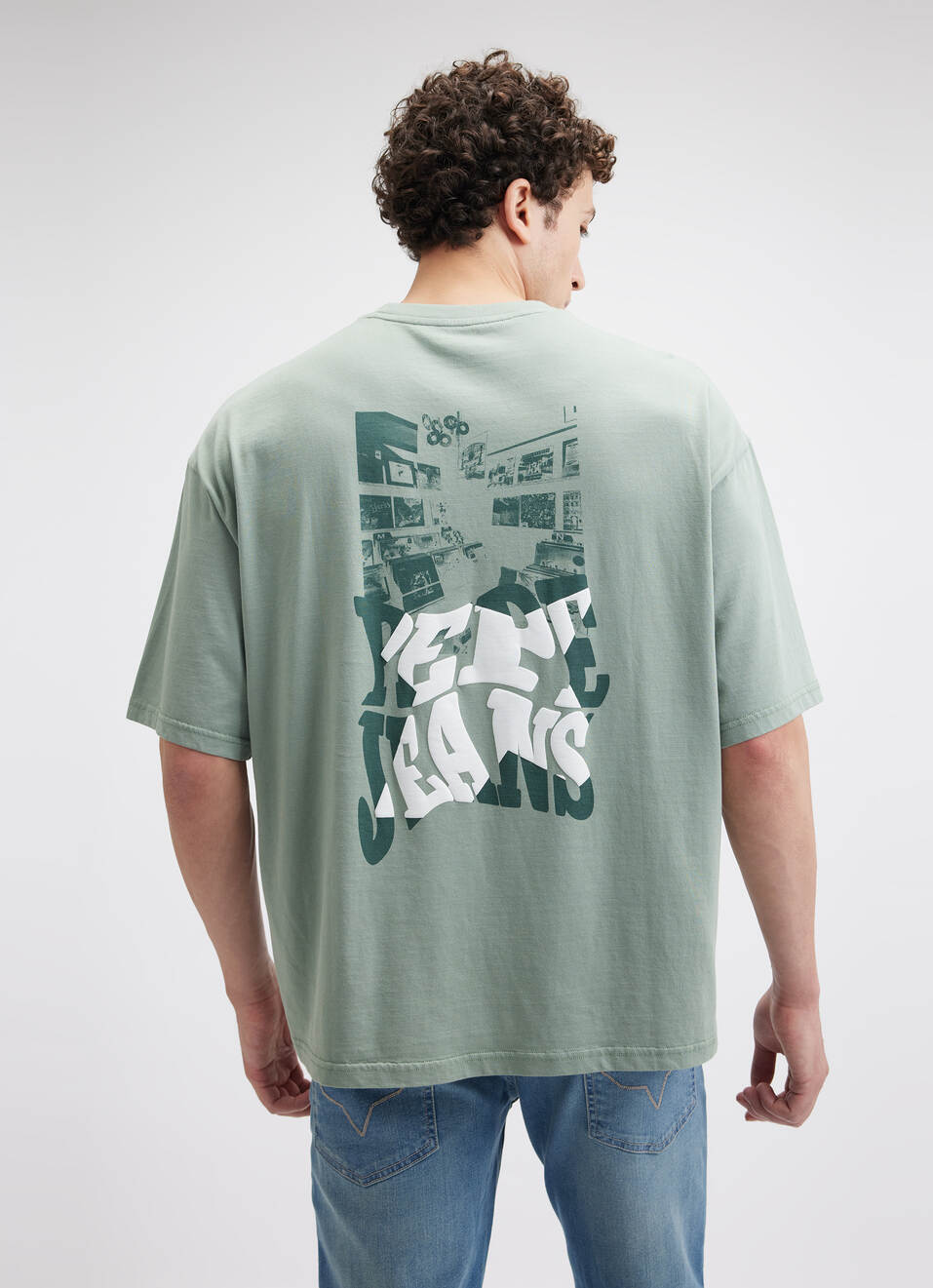 Men Green Back Print Short Sleeve Oversized T-shirt, , large image number 2