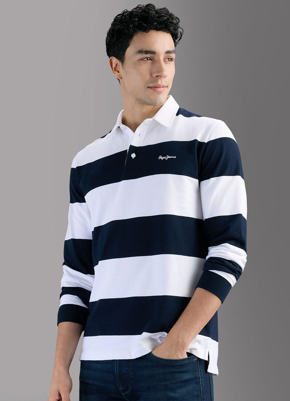 Men Navy Rugby Striped Polo T-shirt, , large image number 7