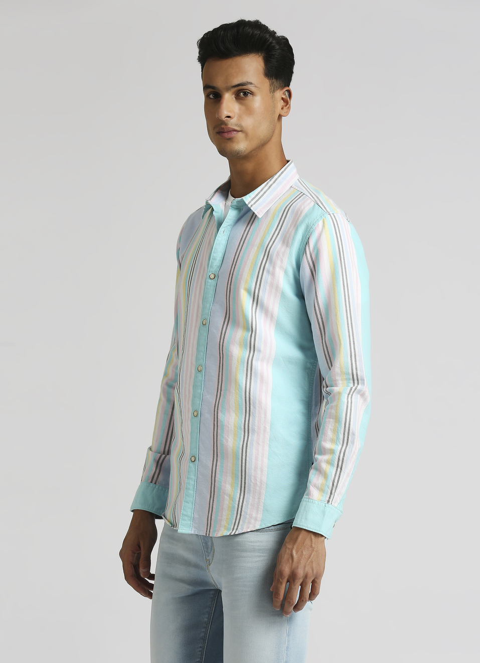 Aqua Stripes Trendy Summer Long Sleeve Shirt, , large image number 3