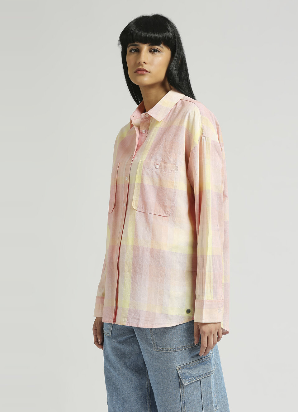 Pink Broad Checks Extended Shoulder Oversized Shirt, , large image number 3