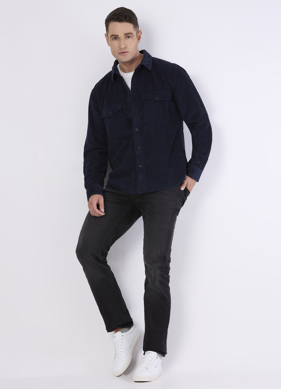 Men Navy Corduroy Oversized Shirt With Flap Pocket, , large image number 5