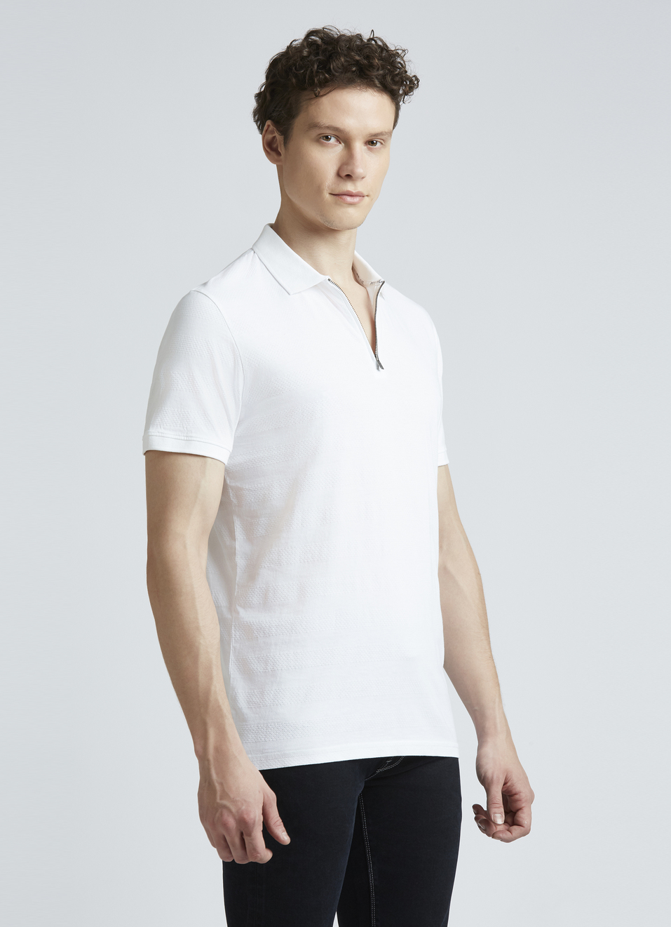 White Stripes Short Sleeve Zipper Polo, , large image number 3