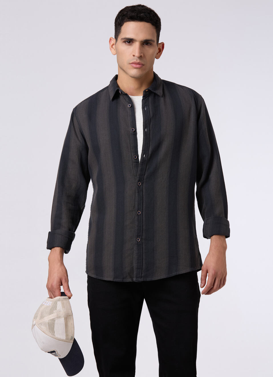 Men Dark Green Striped Regular Fit Shirt, , large image number 0